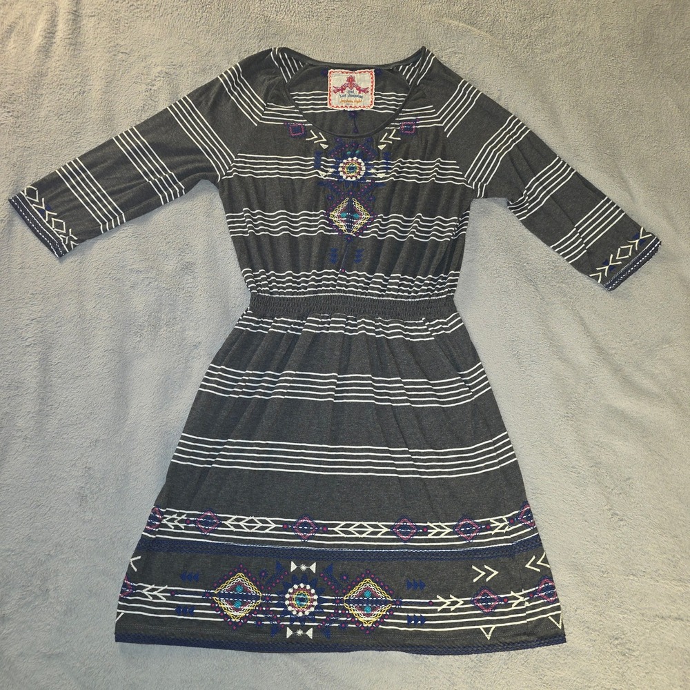 JW Los Angeles Johnny Was Gray Striped Embroidered Boho Pocket Dress Large